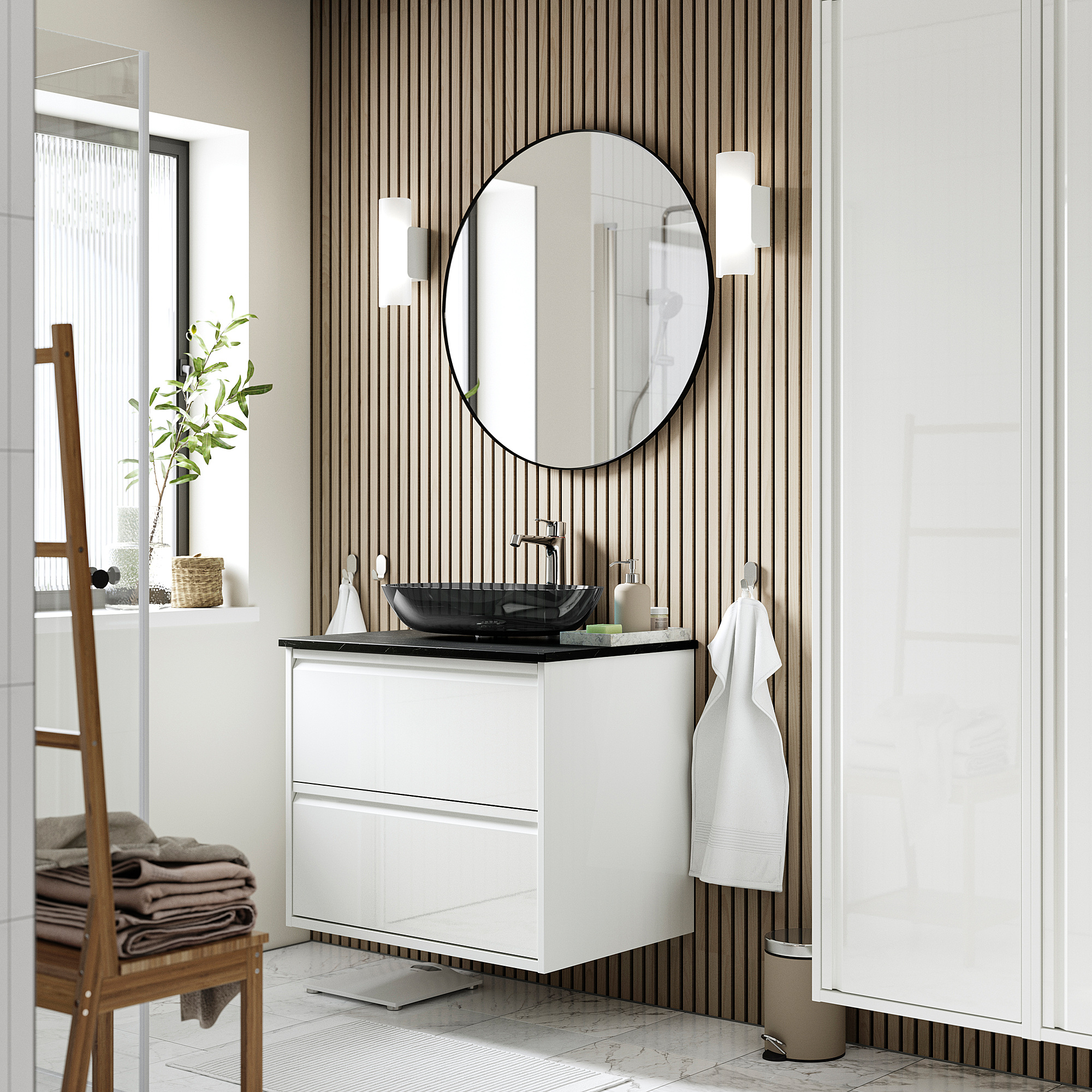ÄNGSJÖN / OXMYREN Sink cab w drawers/sink/tap, high gloss white/black marble effect, 31x21 1/2x30 5/8 "