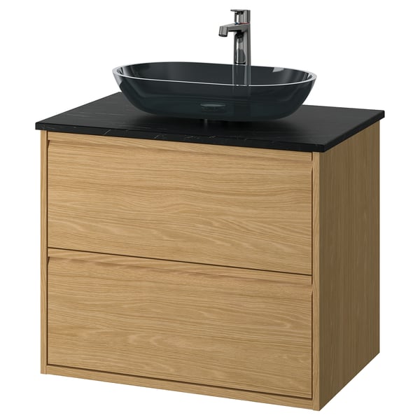 ÄNGSJÖN / OXMYREN Sink cab w drawers/sink/tap, oak effect/black marble effect, 31x21 1/2x30 5/8 "