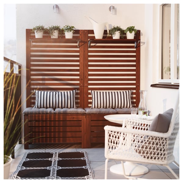 ÄPPLARÖ Bench w/wall panel + shelf, outdoor - brown ...