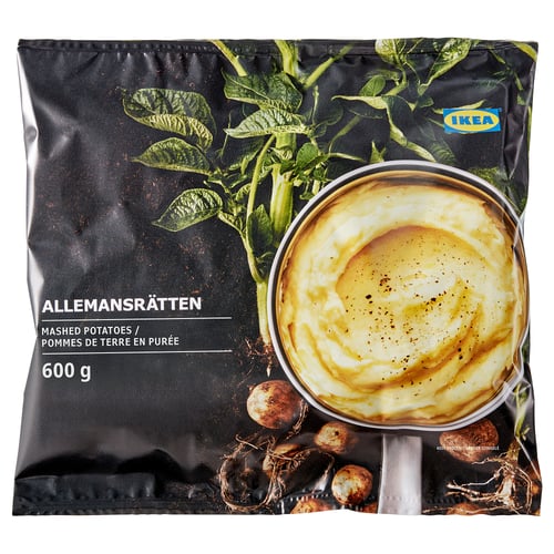 IKEA bag of mashed potatoes, 600g, featuring creamy potato image, lager and leaves.