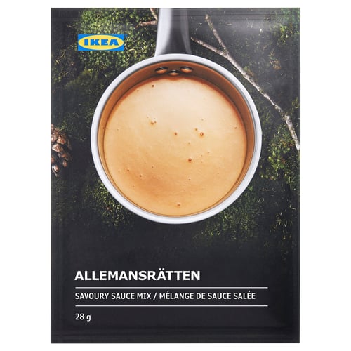 IKEAs ALLEMANSRÄTTEN savoury sauce mix packaging, showing a bowl of sauce on moss, weighing 28g.