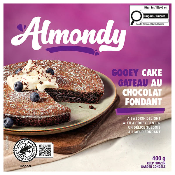 ALMONDY: gooey chocolate cake with cocoa, shown on purple packaging.