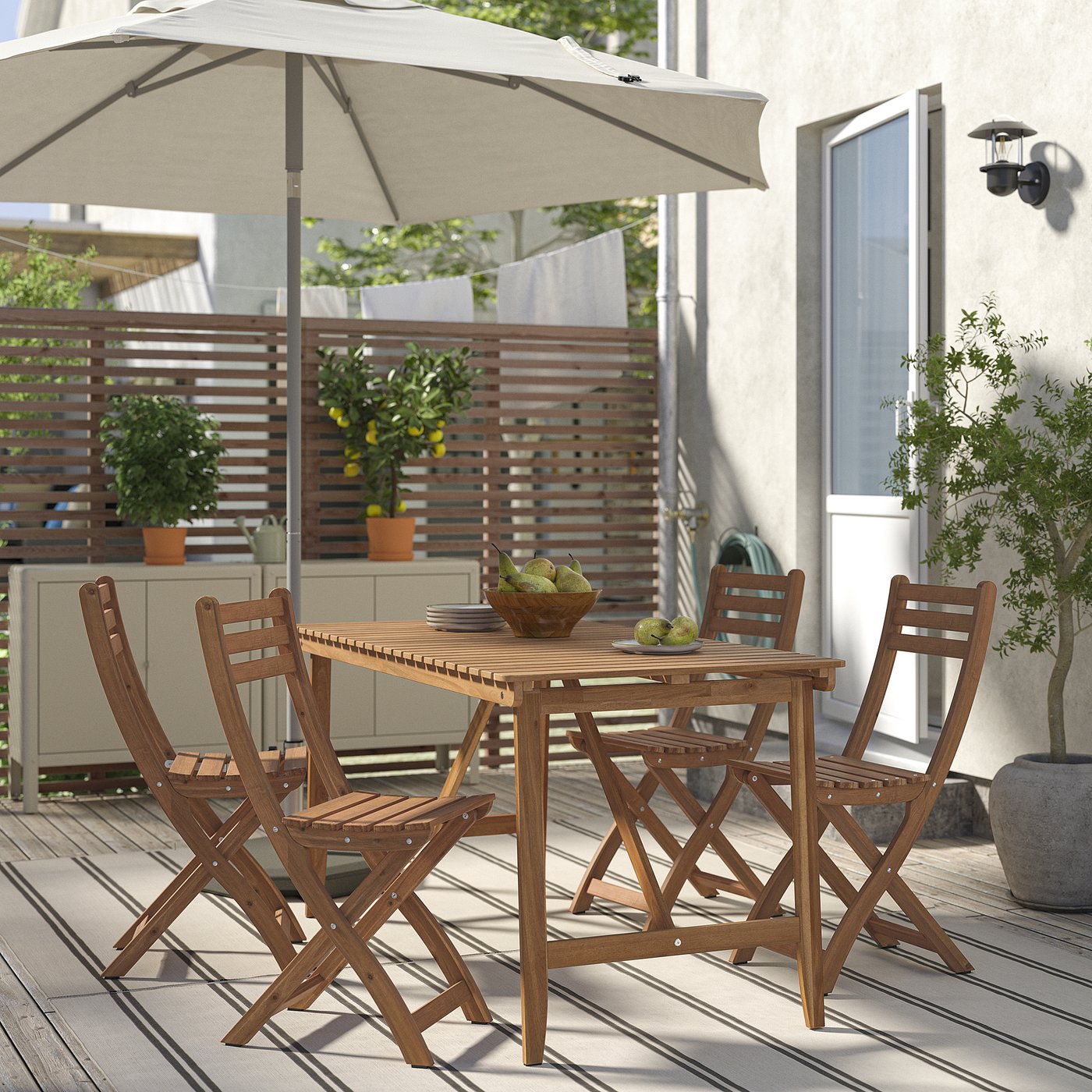 ASKHOLMEN table and 4 folding chairs, outdoor, dark brown, 143x75
