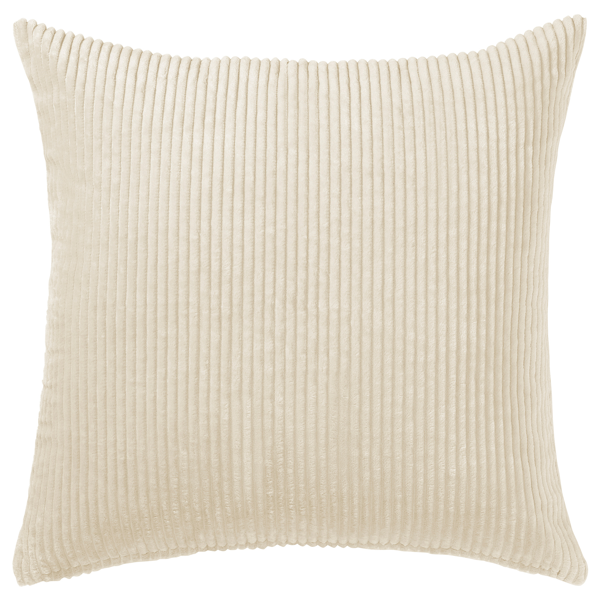 ÅSVEIG cushion, beige. Soft corduroy texture, square shape, vertical stripes.