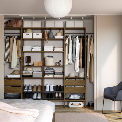 AURDAL Wardrobe combination, brown stained oak veneer/dark gray, 118 7/8-132 7/8x15 3/4x87 "