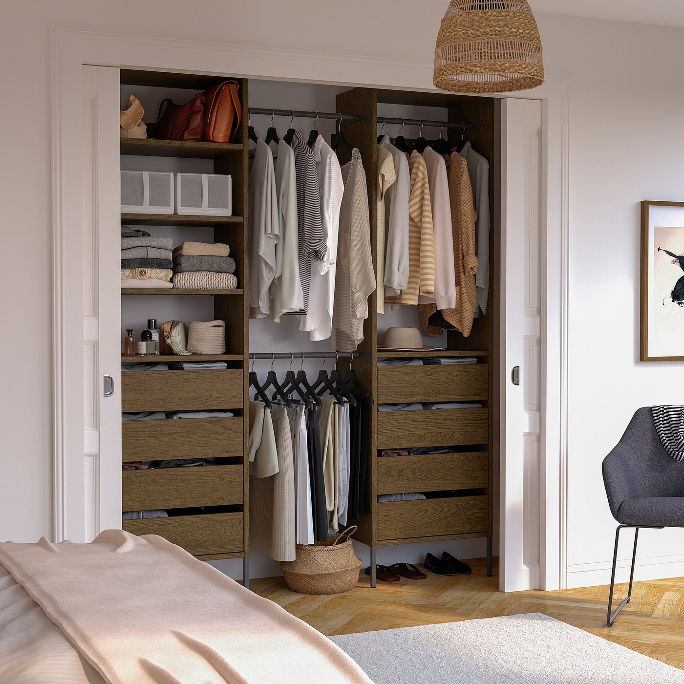 AURDAL wardrobe combination, brown stained oak veneer/dark gray