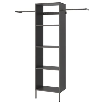 Modern grey AURDAL storage unit: 4 shelves, hanging rod, metal & wood, slim rectangular design.