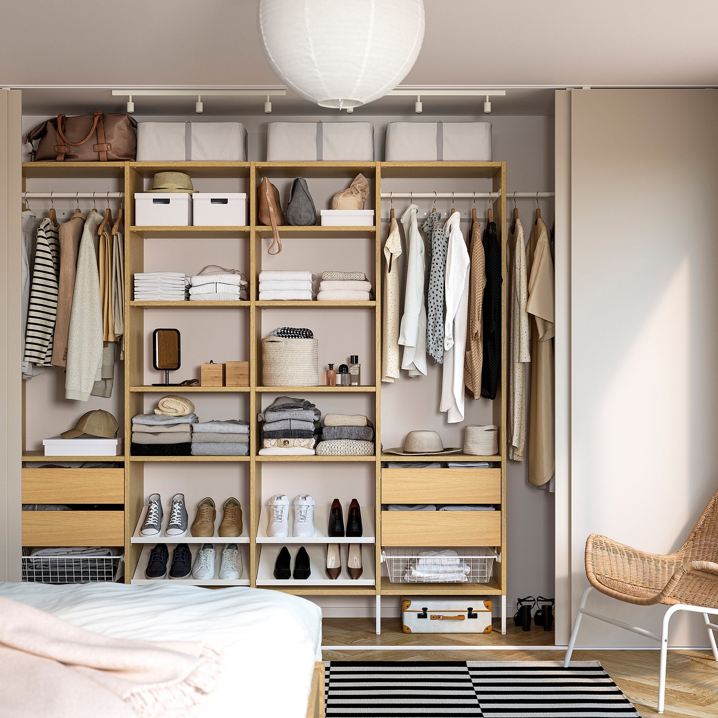 AURDAL wardrobe combination, oak veneer/white, 302-337.5x40x221 cm