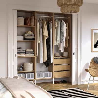 AURDAL Wardrobe combination, oak veneer/white, 74 3/4x15 3/4x87 "