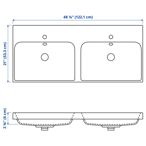 BACKSJÖN Double sink with water trap, white, 48 1/8x21 "