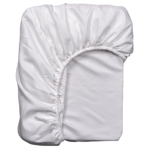 Fitted sheet: BÄRGLIM, white, elastic edges, rectangular, soft fabric.