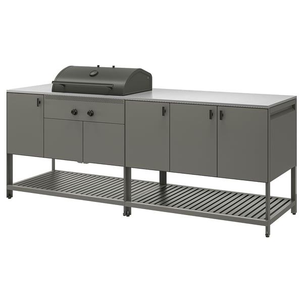 BÅTSKÄR Outdoor kitchen w charcoal barbecue, dark gray, 94 1/2x23 5/8 "