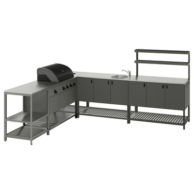 BÅTSKÄR Outdoor kitchen w gas bbq+sink unit, dark gray, 94 1/2x118 1/8 "