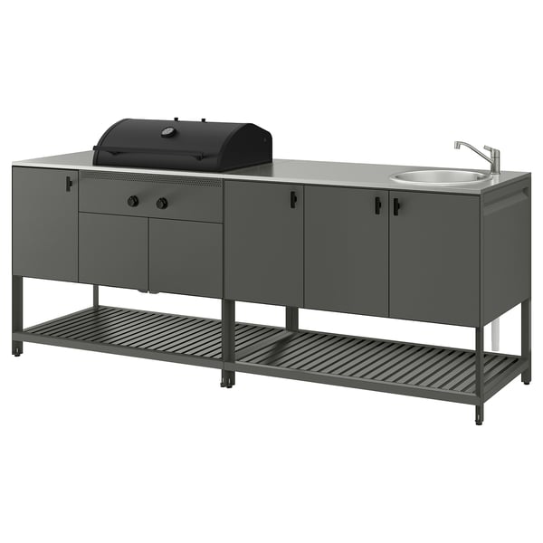 BÅTSKÄR Outdoor ktchn w chrcl bbq+sink unit, dark gray, 94 1/2x23 5/8 "