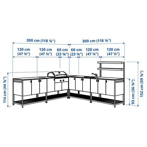 BÅTSKÄR Outdoor ktchn w chrcl bbq+sink unit, dark gray, 118 1/8x118 1/8 "