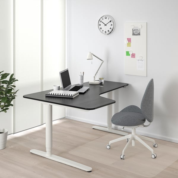 BEKANT Corner desk left sit/stand, black stained ash veneer/white