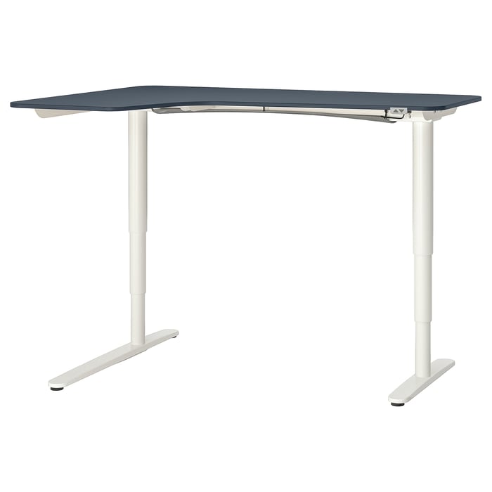BEKANT corner desk left sit/stand, linoleum blue/white, 160x110 cm