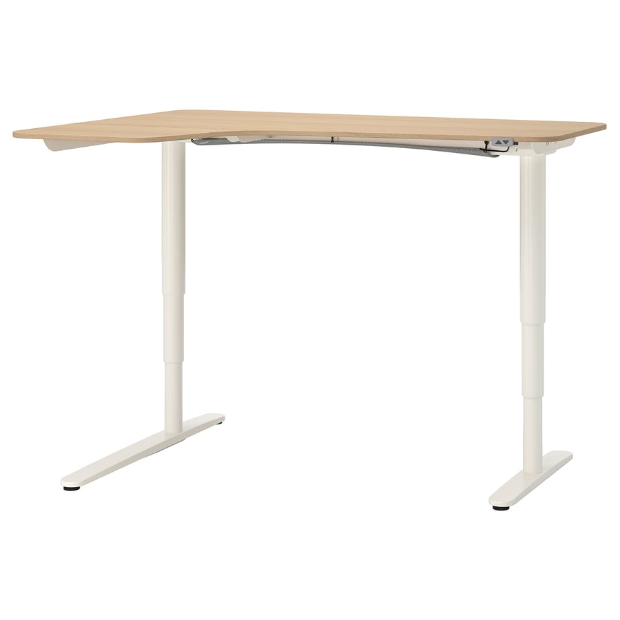 BEKANT corner desk left sit/stand, white stained oak veneer/white
