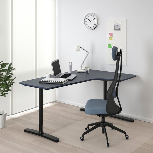 BEKANT Corner deskright, linoleum blue/black, 160x110 cm (63x431/4