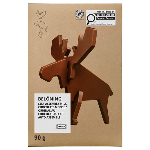 IKEA BELÖNING moose chocolate kit packaging. A 3d moose, 90g. Includes assembly instructions.