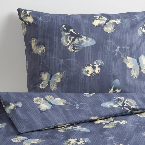 BERGKÅREL Duvet cover and pillowcase(s), dark blue/butterfly, King IKEA