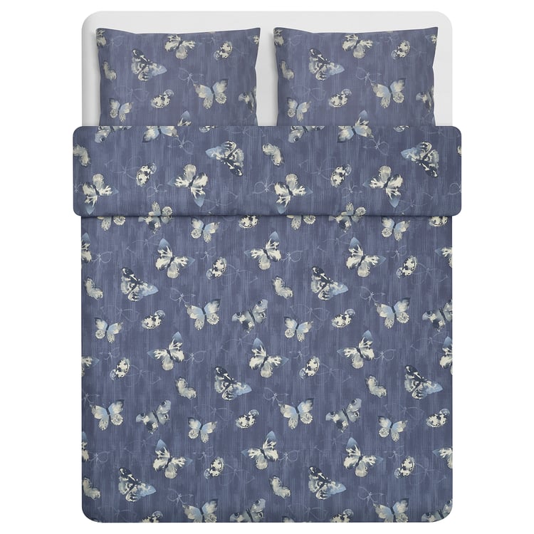 BERGKÅREL Duvet cover and pillowcase(s), dark blue/butterfly, King IKEA