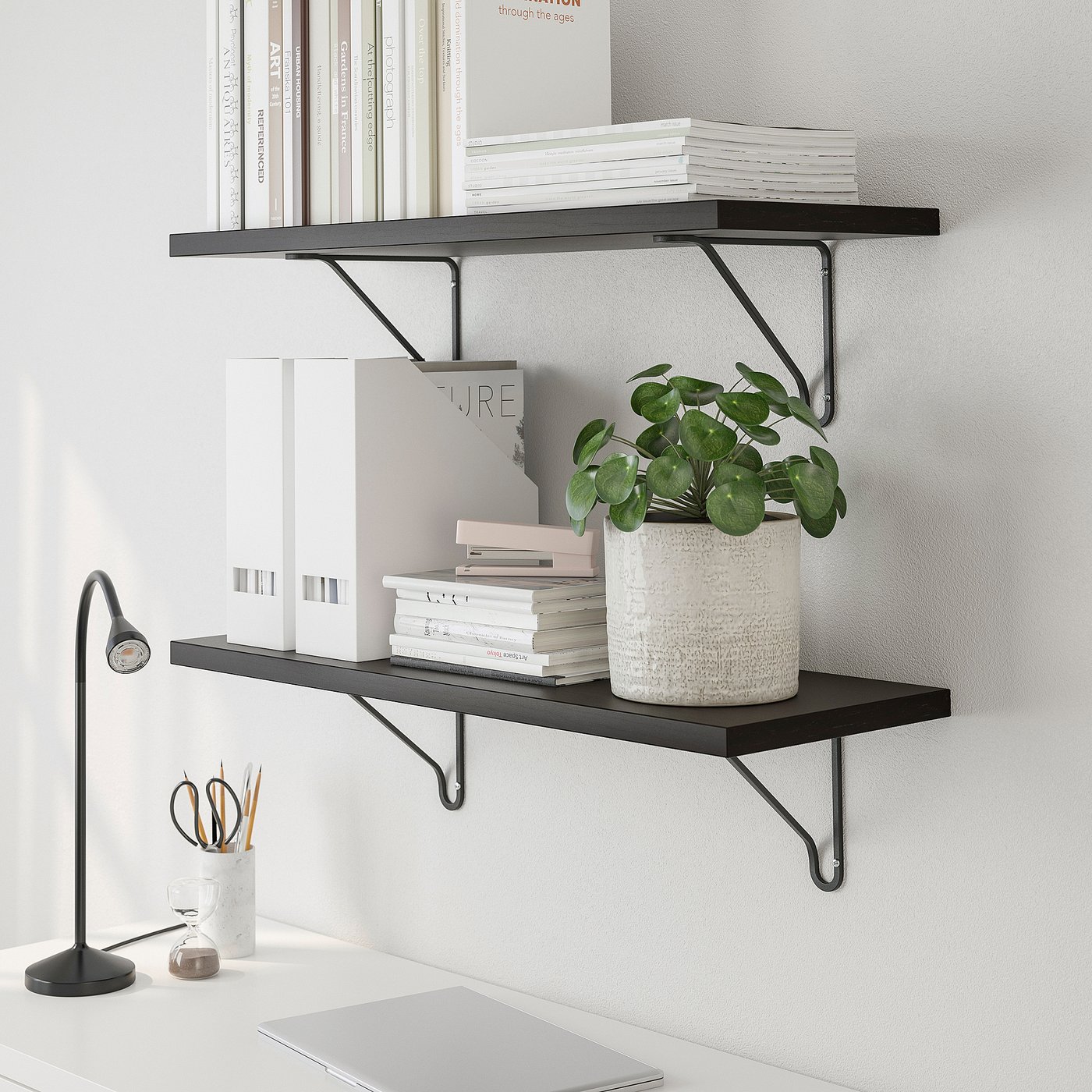 BERGSHULT / FÖRLÄGGARE wall shelf, brown-black/black, 80x30 cm