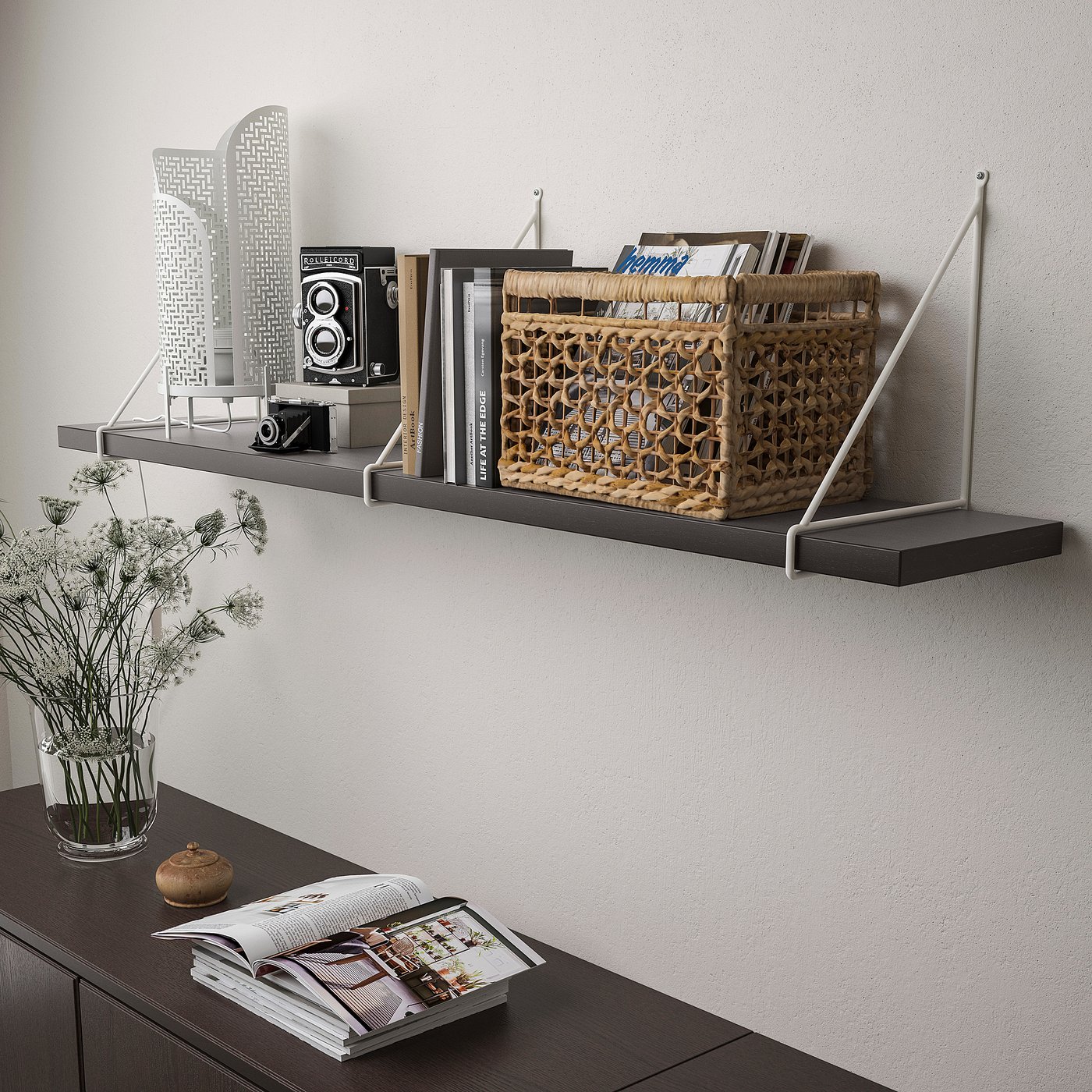 BERGSHULT / PERSHULT wall shelf, brown-black/white, 120x20 cm (471