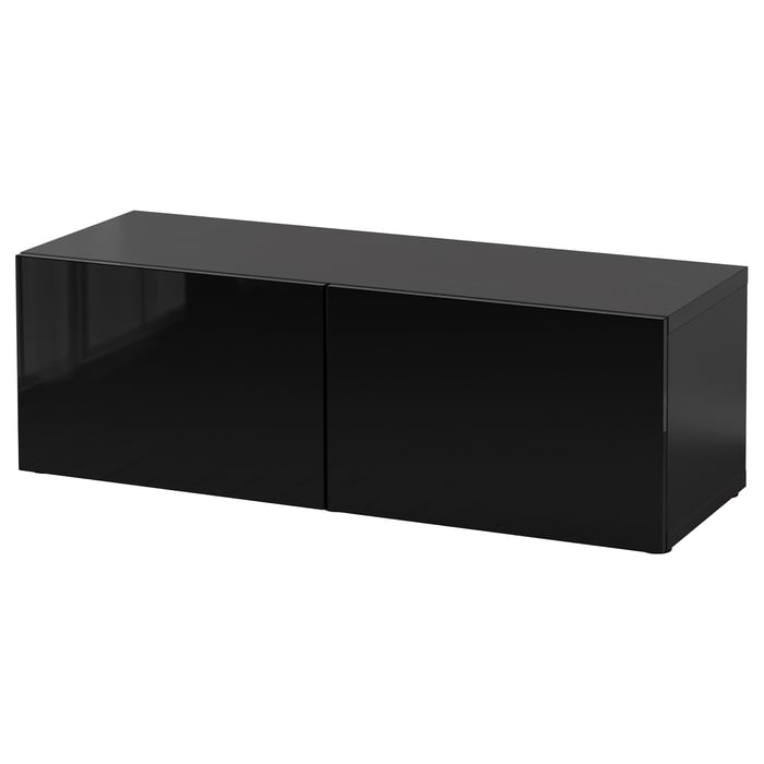 BESTÅ shelf unit with doors, blackbrown/Selsviken highgloss/black, 120x42x38 cm (471/4x161