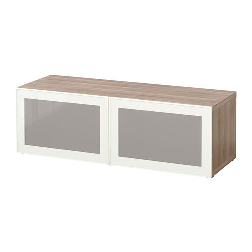 BESTÅ Shelf unit with glass doors walnut effect light gray/Glassvik