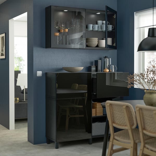 BESTÅ Storage combination w doors/drawers, black-brown/Selsviken/Stubbarp high gloss/black clear glass, 47 1/4x16 1/2x83 7/8 "