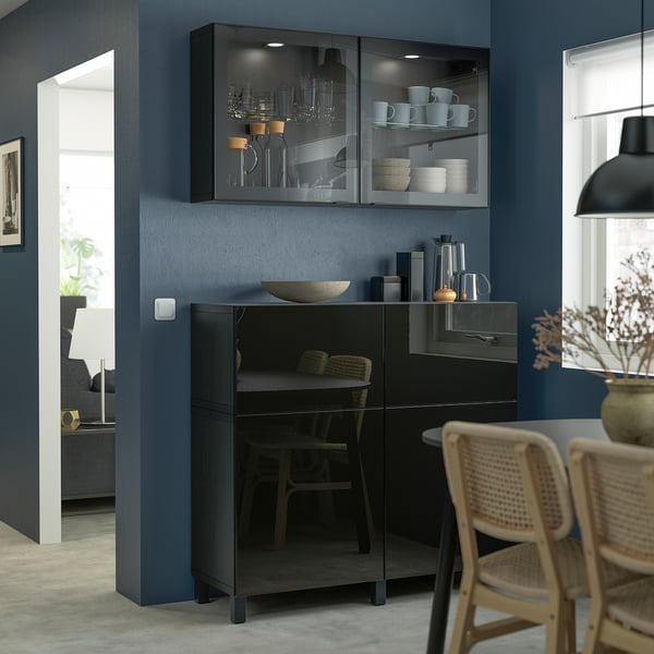 BESTÅ Storage combination w doors/drawers, black-brown/Selsviken/Stubbarp high gloss/black clear glass, 47 1/4x16 1/2x83 7/8 "