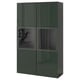 BESTÅ Storage combination w/glass doors, black-brown Selsviken/high gloss dark olive-green, 47 1/4x16 1/2x76 "