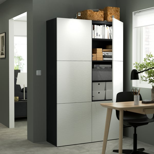BESTÅ Storage combination with doors, black-brown/Laxviken white, 47 1/4x16 1/2x76 "