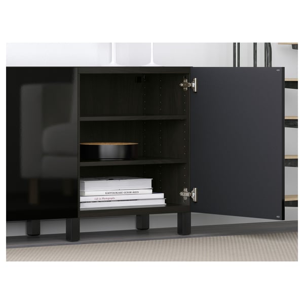BESTÅ Storage combination with doors, black-brown/Selsviken/Stubbarp high-gloss/black, 70 7/8x16 1/2x29 1/8 "