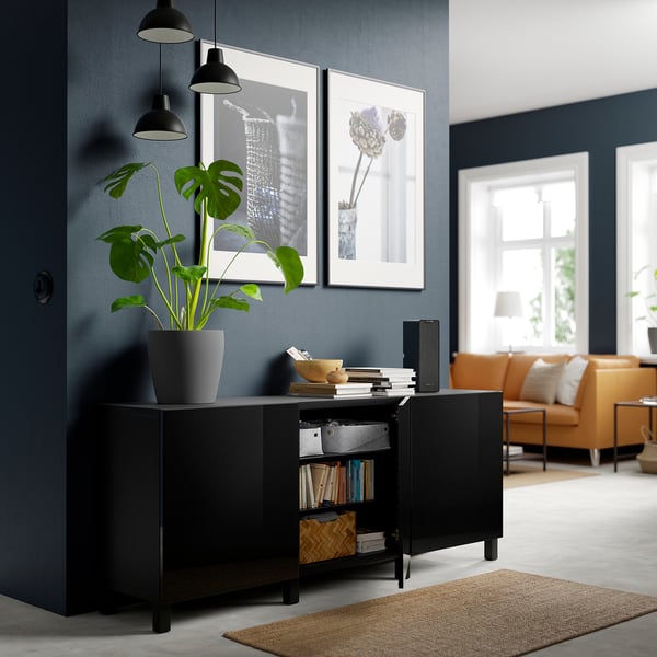 BESTÅ Storage combination with doors, black-brown/Selsviken/Stubbarp high-gloss/black, 70 7/8x16 1/2x29 1/8 "