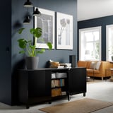 BESTÅ Storage combination with doors, black-brown/Selsviken/Stubbarp high-gloss/black, 70 7/8x16 1/2x29 1/8 "