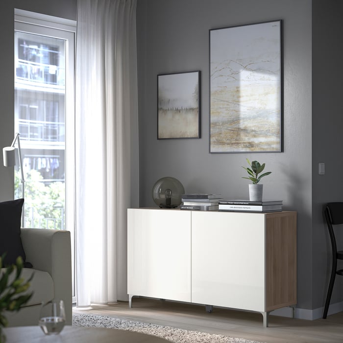 BESTÅ storage combination with doors, walnut effect light gray