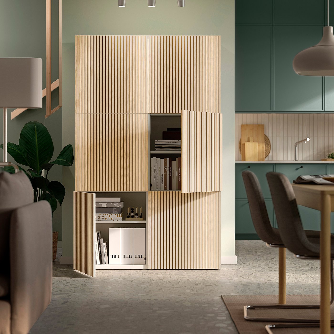 ページ BESTÅ storage combination with doors, white/Björköviken ash veneer