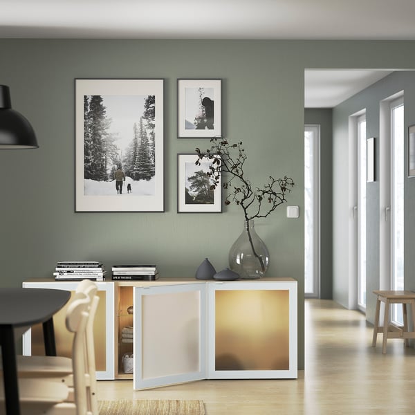 BESTÅ Storage combination with doors, white stained oak effect Glassvik/white/light green frosted glass, 70 7/8x16 1/2x25 5/8 "