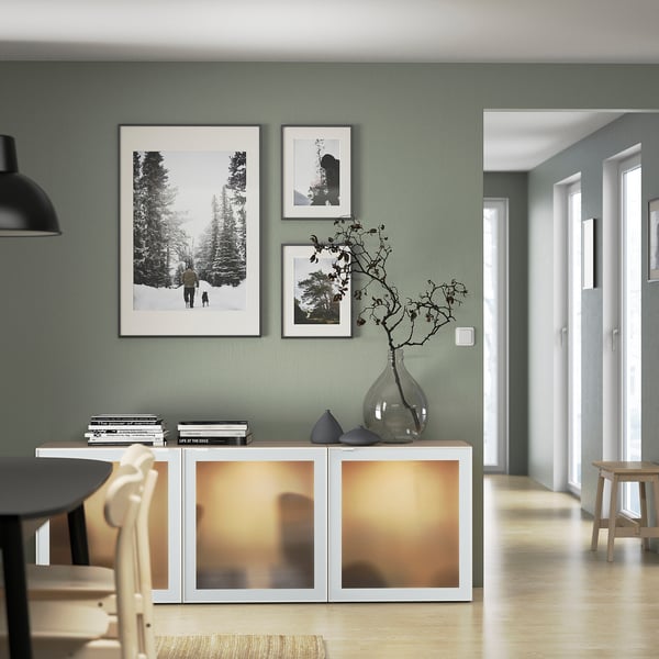 BESTÅ Storage combination with doors, white stained oak effect Glassvik/white/light green frosted glass, 70 7/8x16 1/2x25 5/8 "
