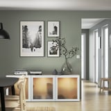 BESTÅ Storage combination with doors, white stained oak effect Glassvik/white/light green frosted glass, 70 7/8x16 1/2x25 5/8 "