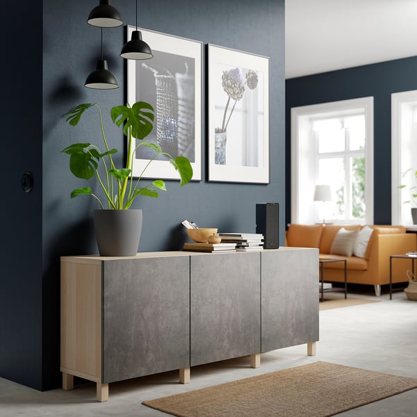 BESTÅ Storage combination with doors, white stained oak effect Kallviken/Stubbarp/dark gray concrete effect, 70 7/8x16 1/2x29 1/8 "