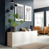 BESTÅ Storage combination with doors, white stained oak effect/Selsviken high-gloss/white, 70 7/8x16 1/2x25 5/8 "