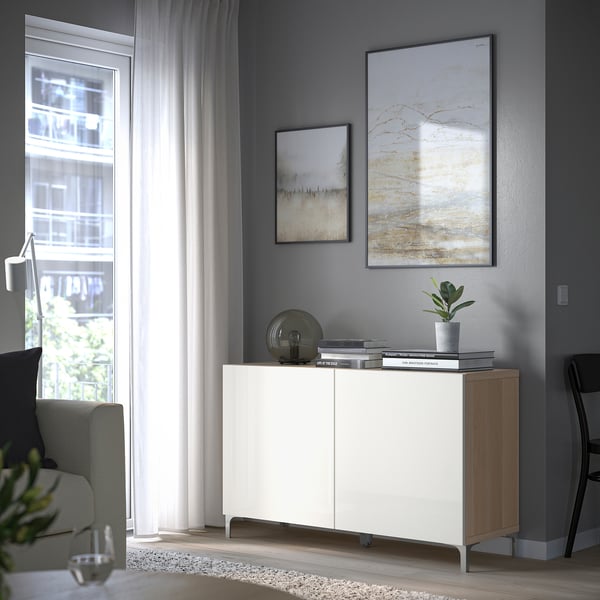BESTÅ Storage combination with doors, white stained oak effect/Selsviken high-gloss/white, 47 1/4x16 1/2x29 1/8 "