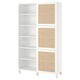 White BESTÅ furniture with wicker doors and open shelves, combining display and storage.