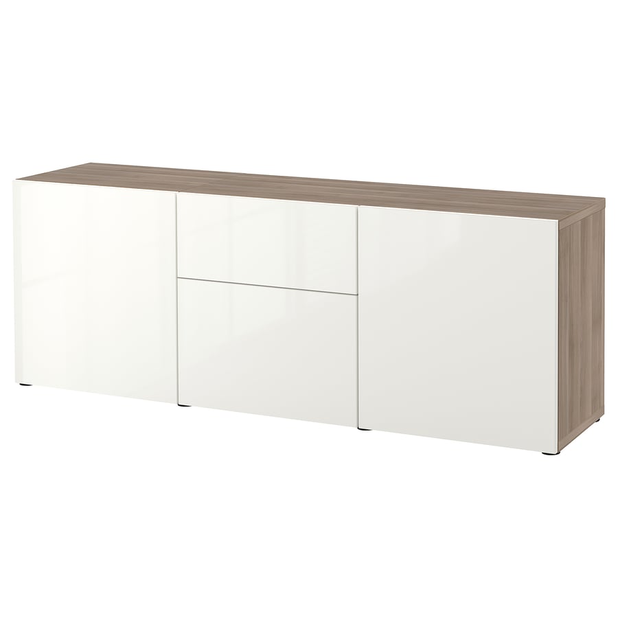 BESTÅ storage combination with drawers, walnut effect light gray/Selsviken highgloss/white