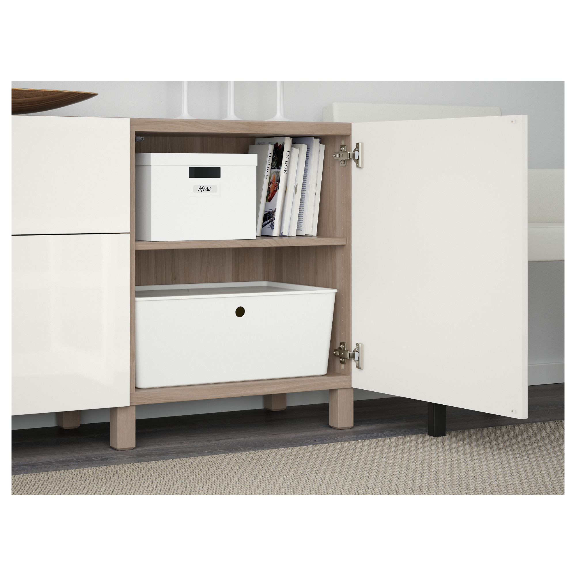 BESTÅ Storage combination with drawers, walnut effect light gray, Selsviken highgloss/white