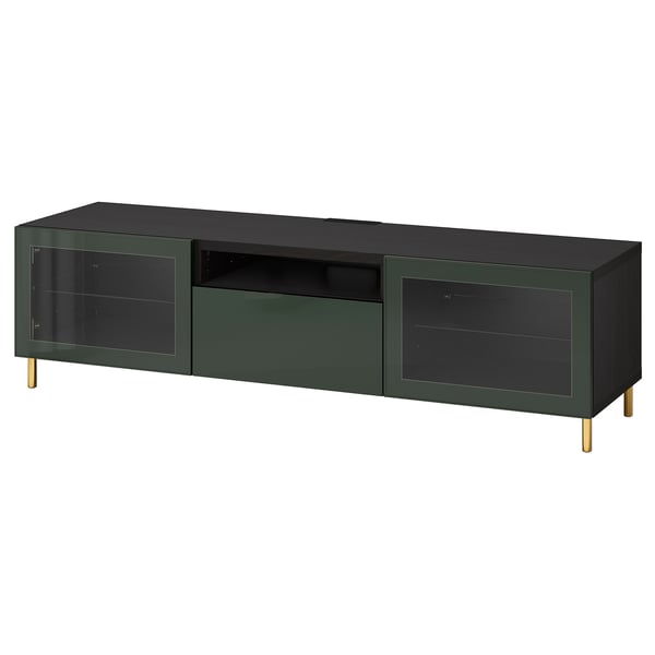 BESTÅ TV bench, black-brown Glassvik/Selsviken/Ösarp dark olive-green, 70 7/8x16 1/2x18 7/8 "