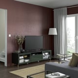 BESTÅ TV bench, black-brown Glassvik/Selsviken/Ösarp dark olive-green, 70 7/8x16 1/2x18 7/8 "